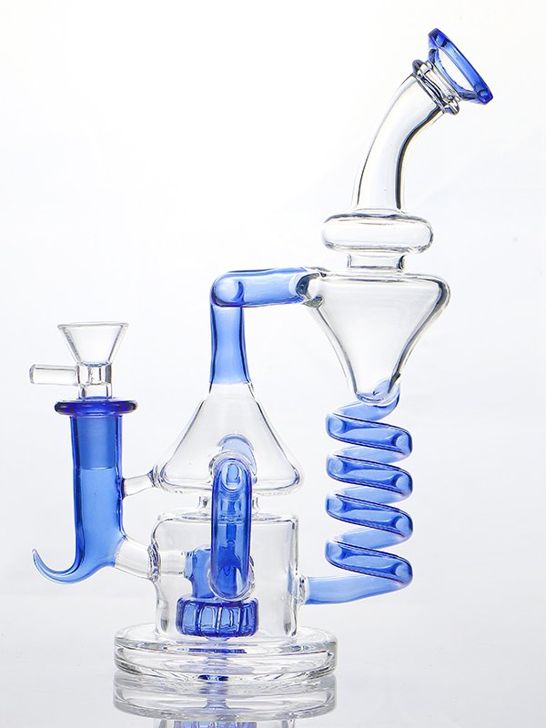 Blue Spiral Recycler Glass Dab Rig