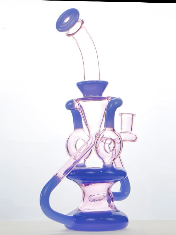 Pink and blue Dual Uptake Klein Recycler Glass Bong featuring a dual recycler water filtration system