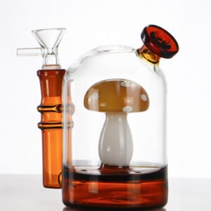 Handcrafted amber mushroom glass bong with scenic design and premium borosilicate glass