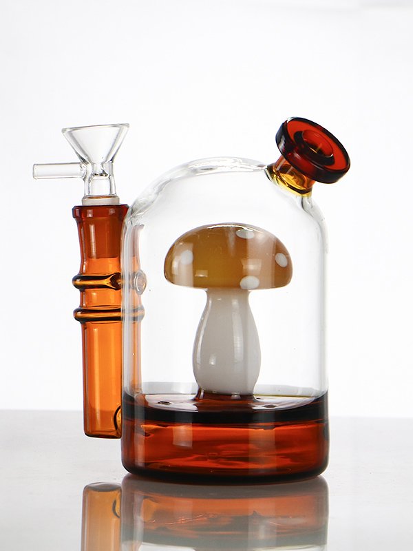 Handcrafted amber mushroom glass bong with scenic design and premium borosilicate glass