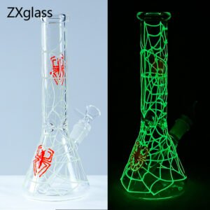 Glow-in-the-dark spider web glass bong with handcrafted spider design and premium borosilicate glass