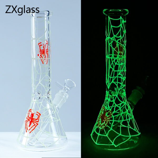Glow-in-the-dark spider web glass bong with handcrafted spider design and premium borosilicate glass